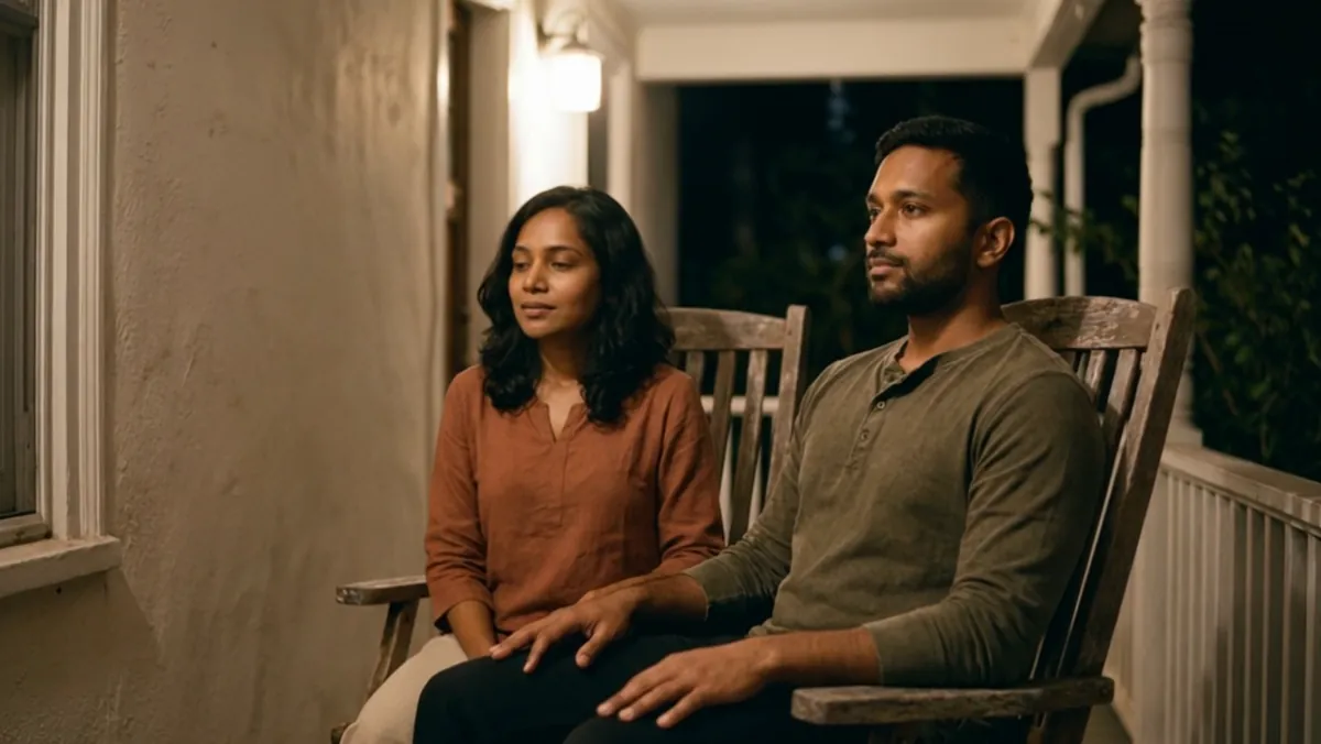 A couple sitting together on a porch in the evening, a scene from the series